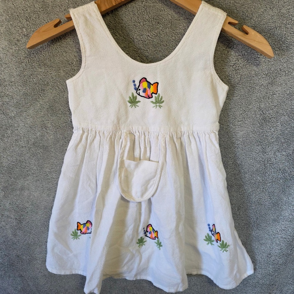 Natur Paradise Kids White Cotton Embroidered Fish Sundress Size Large Vintage